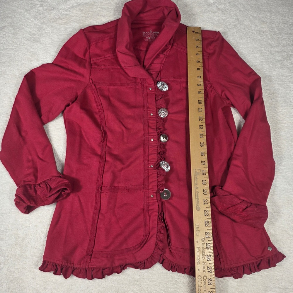 Neon Buddha Ruffle Button Up Red Jacket Women L Unique Buttons Boho Lagenlook - Picture 5 of 8